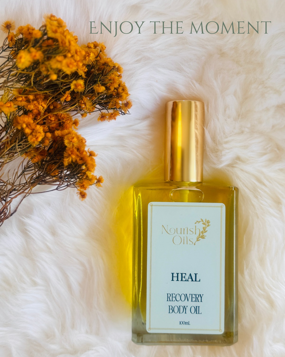 Golden drops of Heal Body and Massage Oil showing lightweight, fast-absorbing texture ideal for deep tissue relief.