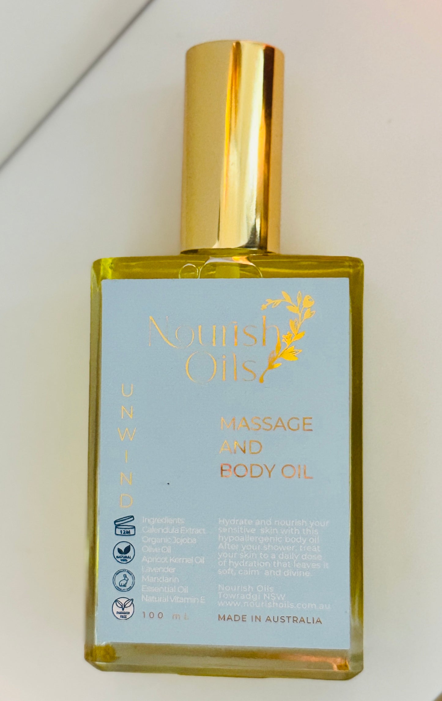 Nourish Oils unwind body massageoil Australian made lavender organic sensitive hypoallergenic apricot kernel oil calendula