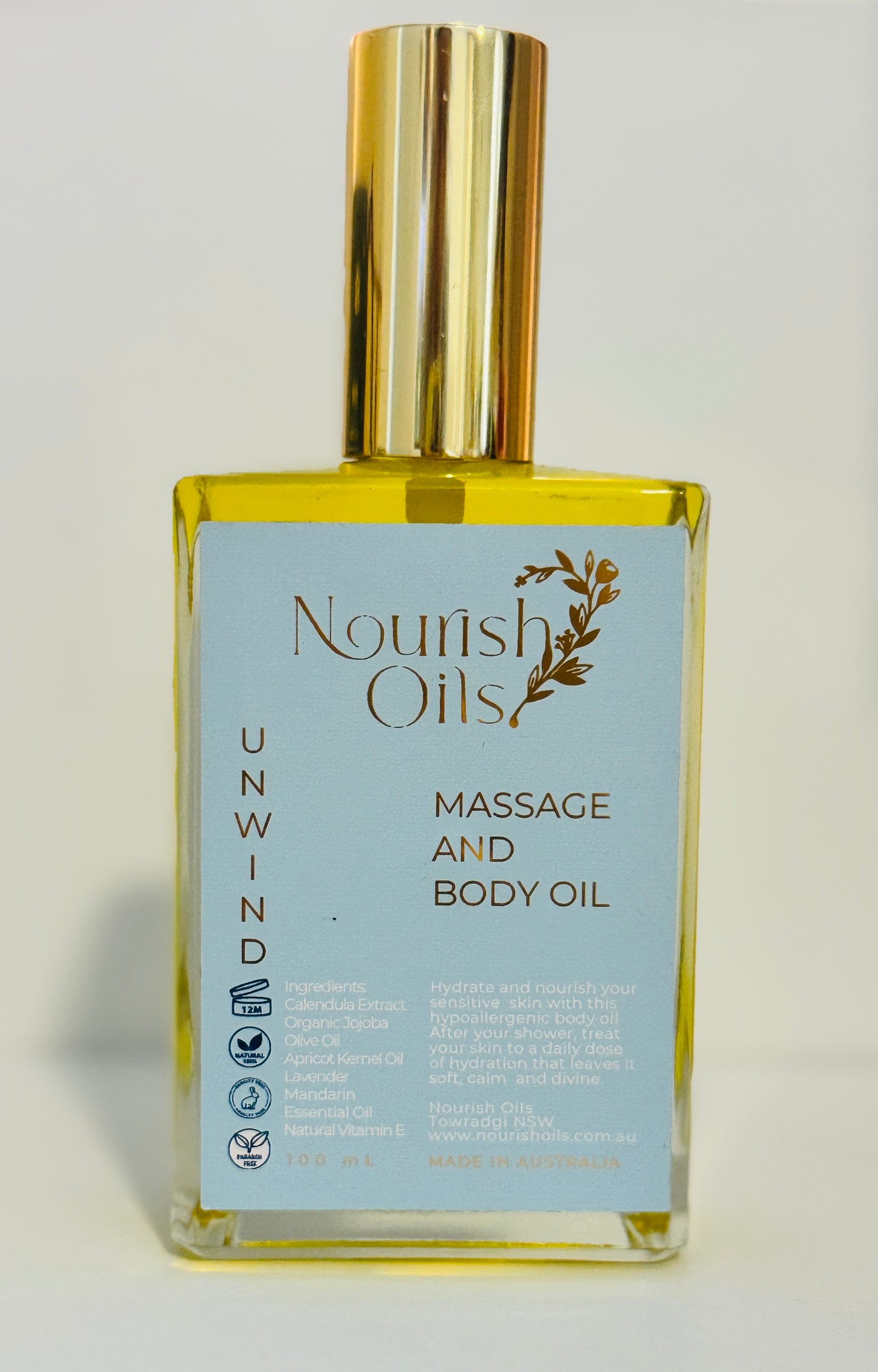 Nourish Oils unwind body massageoil Australian made lavender organic sensitive hypoallergenic apricot kernel oil calendula