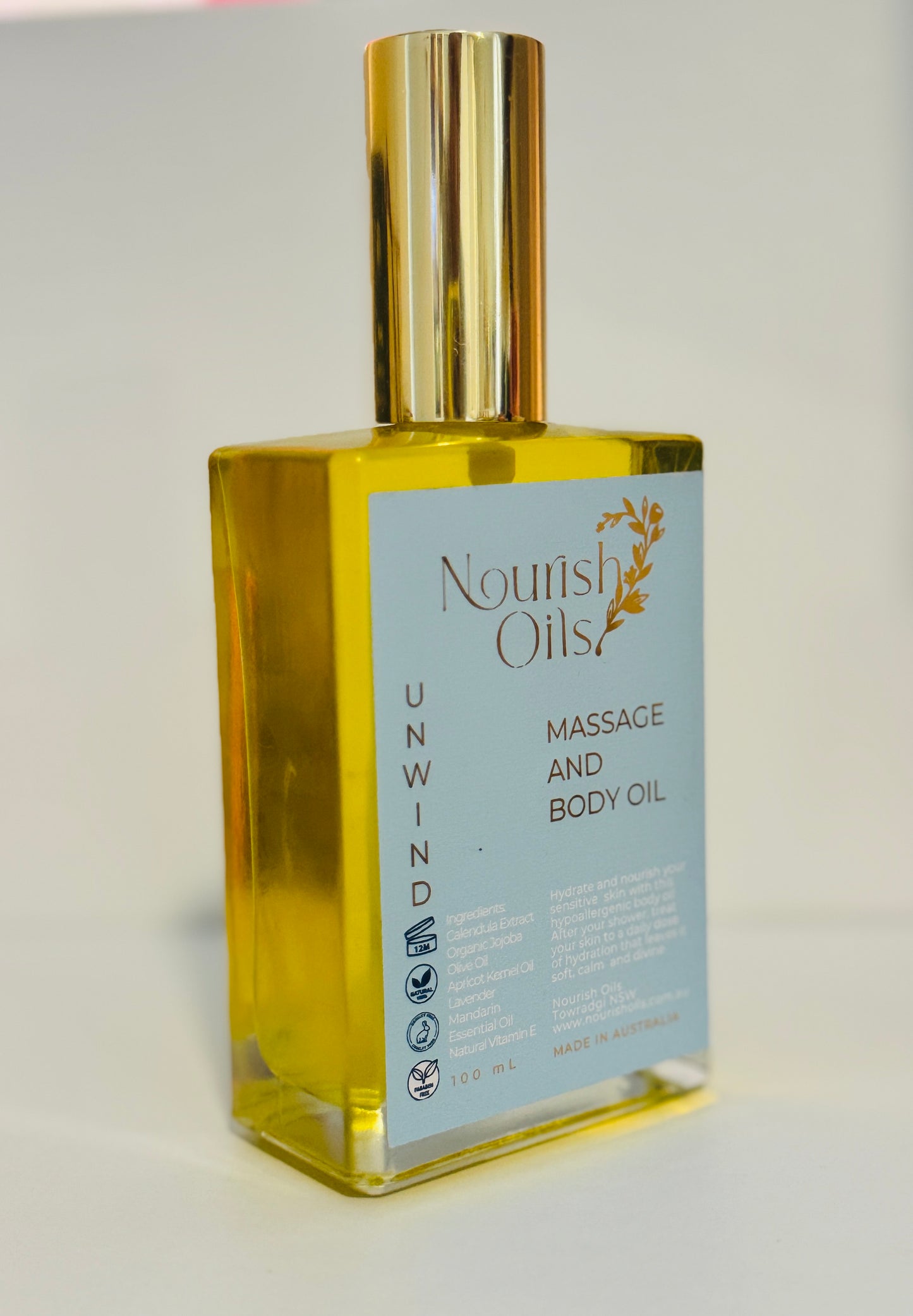 Nourish Oils unwind body massageoil Australian made lavender organic sensitive hypoallergenic apricot kernel oil calendula