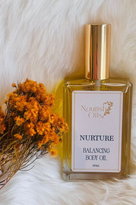 Feel emotionally grounded with Nurture Body & Massage Oil. A calming blend of jojoba, lavender & chamomile to soothe the nervous system and skin.