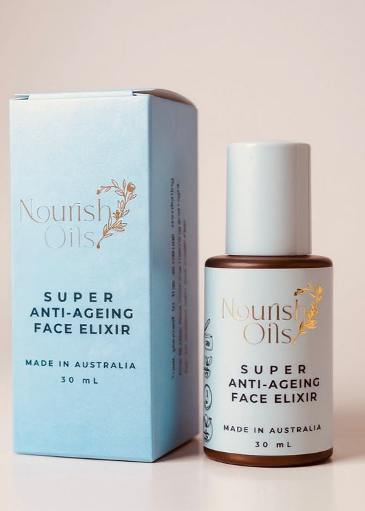 Nourish Oils Super Anti-Ageing Face Elixir bottle and packaging on a light background