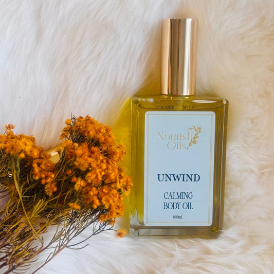 A calming body oil blend with lavender, ylang ylang, and cedarwood to ease stress, release tension, and promote restful sleep.