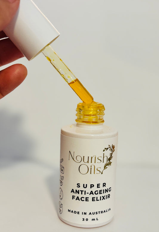 Nourish Oils Super anti-ageingfaceelixir natural made in Australia. Sensitive Effective