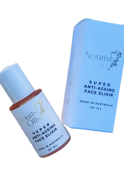 Super Anti-Ageing Face Elixir bottle and box on a light gray background