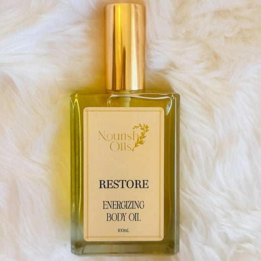 Clear golden drops of Restore Oil showing a lightweight texture designed for fast absorption and rejuvenation.


