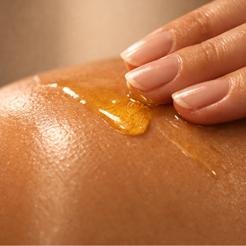 Hand applying a brown gel or cream to skin