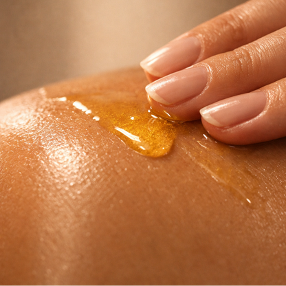 Hand applying a brown gel or cream to skin