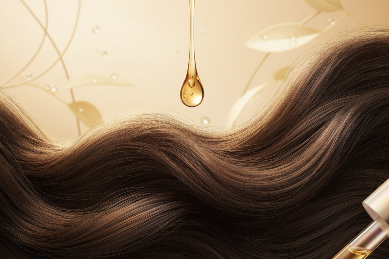 Hair with a droplet of oil and a bottle of hair oil on a beige background